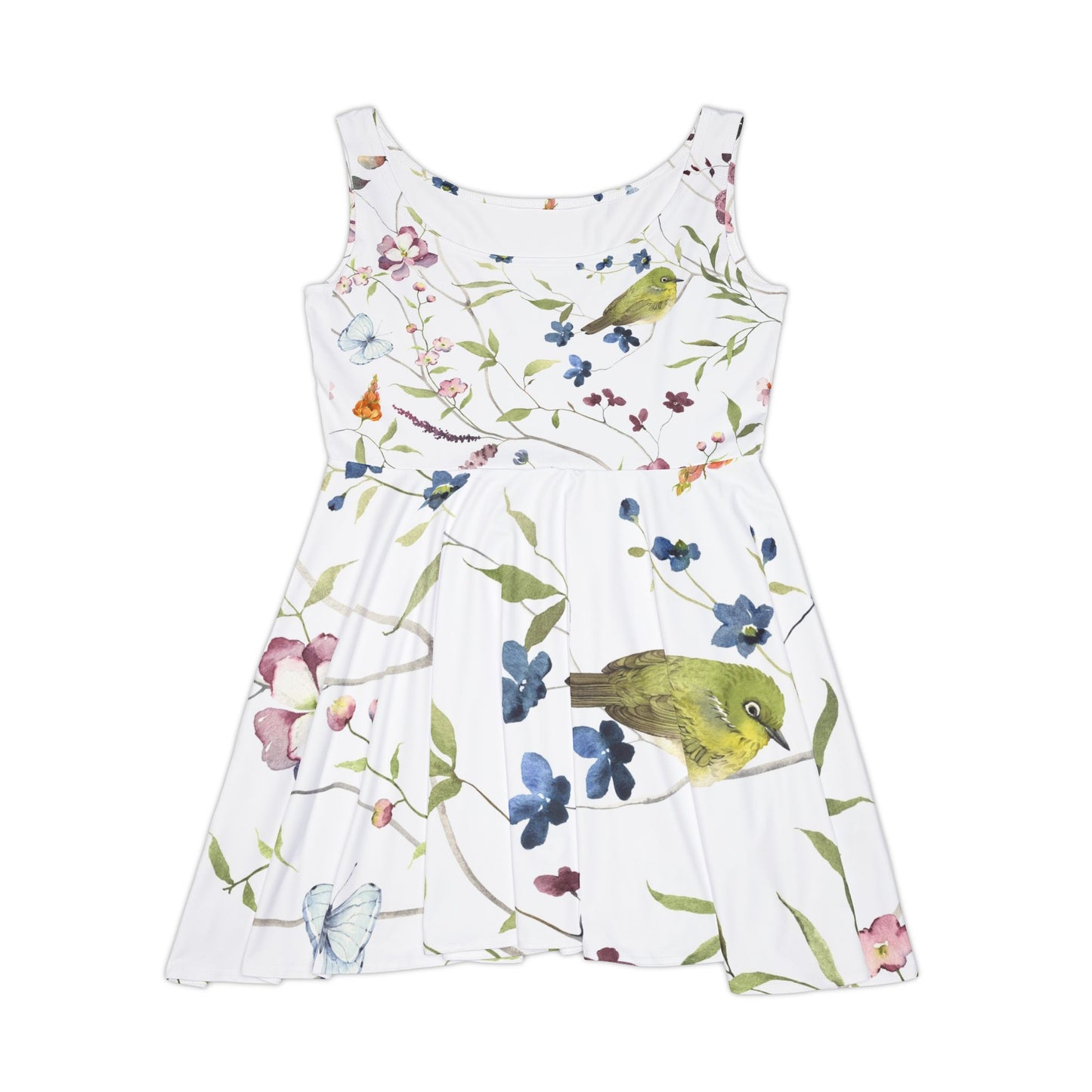 Floral Birds AOP Skater Dress, Spring Dress, Summer Outfit, Casual Dress, Gift for Her, Everyday Wear