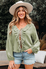 Natalia Bow Tie Front Ruffle Trim Long Sleeve Gauze Blouse - Farnelli