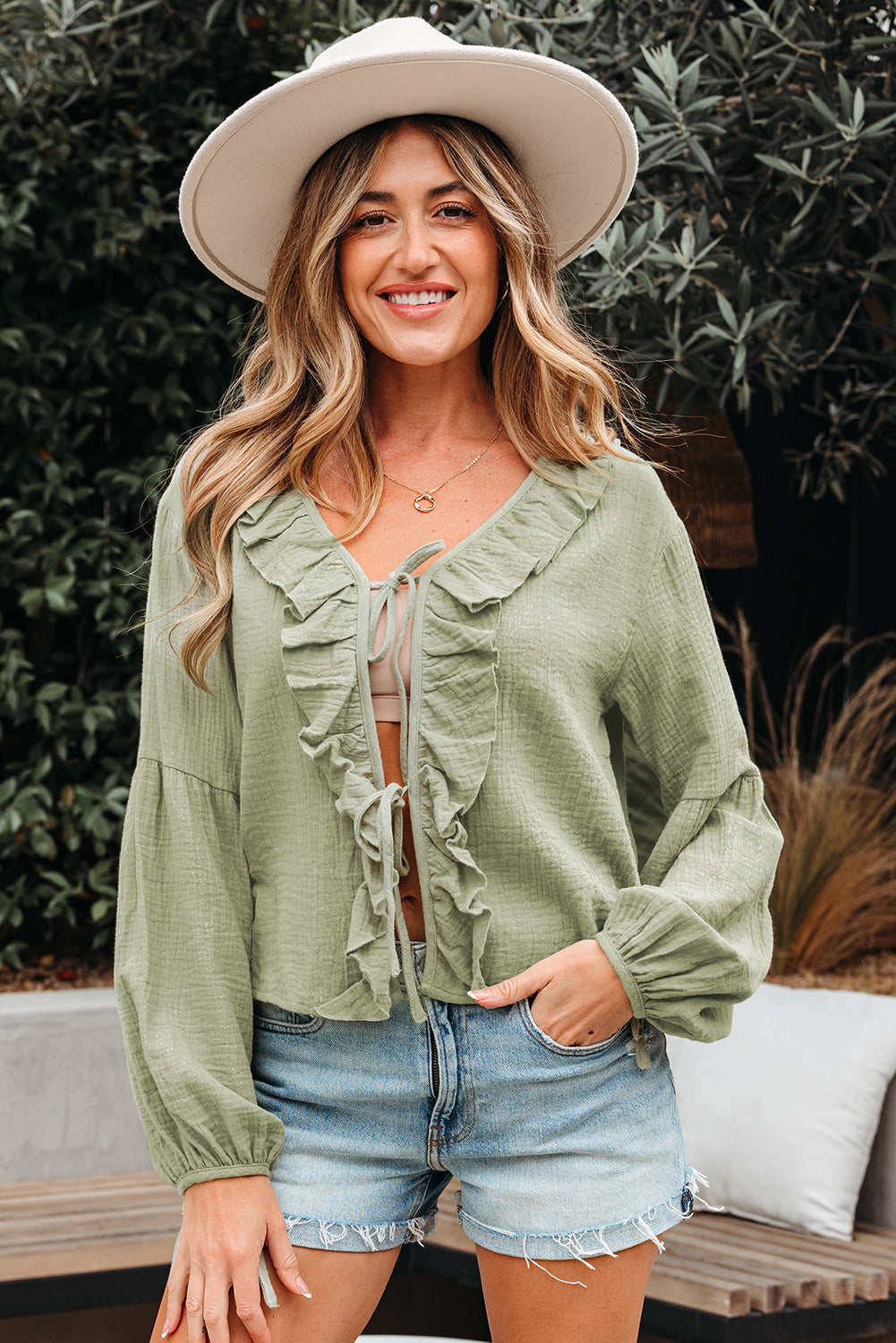 Natalia Bow Tie Front Ruffle Trim Long Sleeve Gauze Blouse - Farnelli
