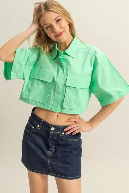 HYFVE Front Pockets Poplin Collared Neck Crop Shirt - Farnelli