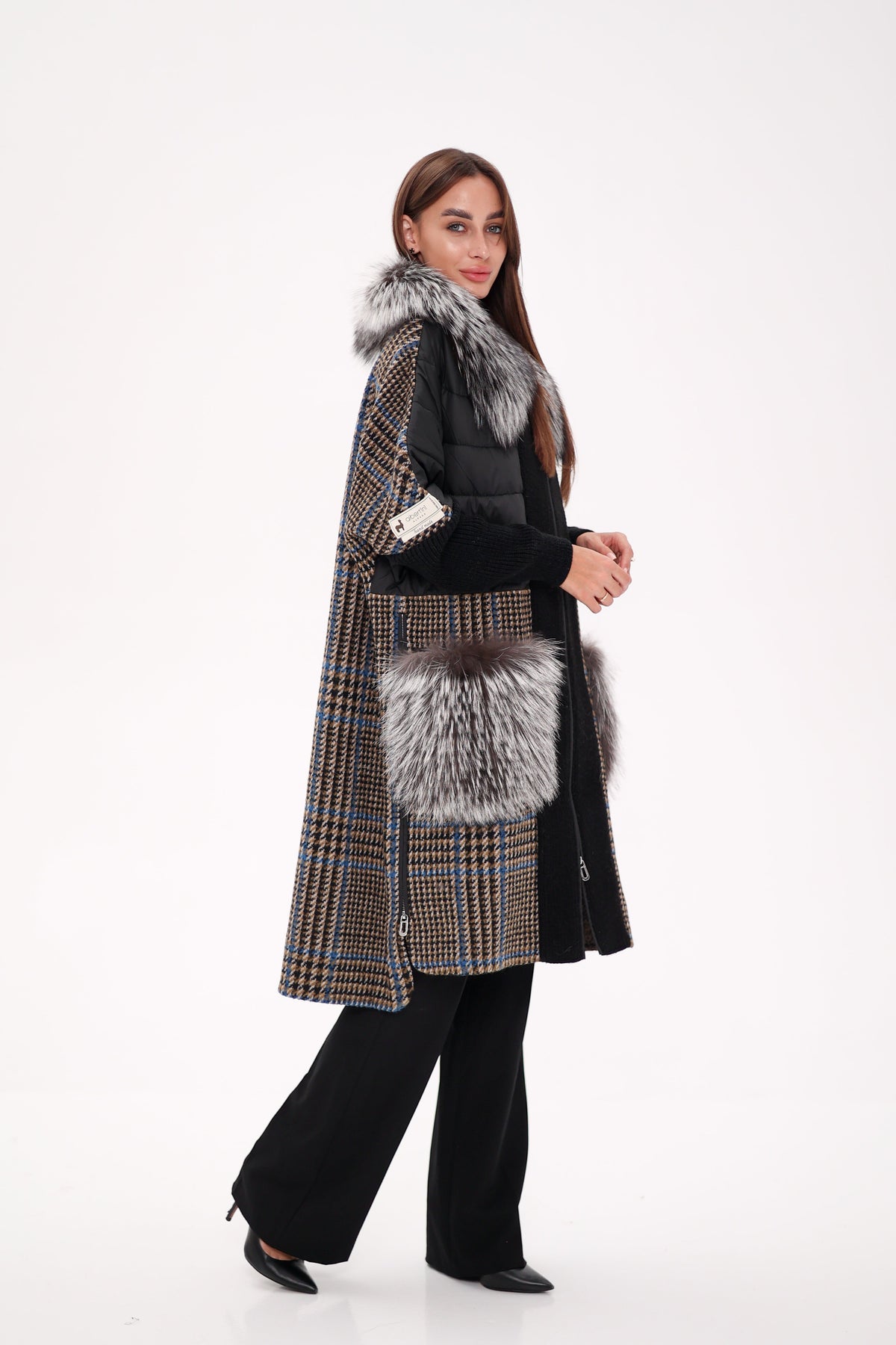 Saga Furs Silver Fox wool cashmere coat by Alaska Outerwear Company, front view