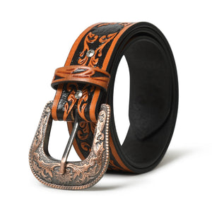 Western cowboy leather belt in black and brown with embossed design, stylish and durable leather belt from Classy Leather Bags.