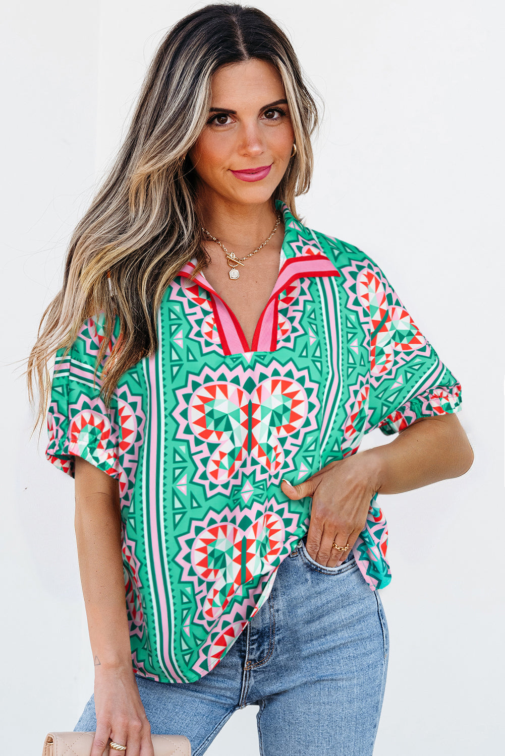 Kamiyah Boho Abstract Striped Collared V Neck Blouse - Farnelli