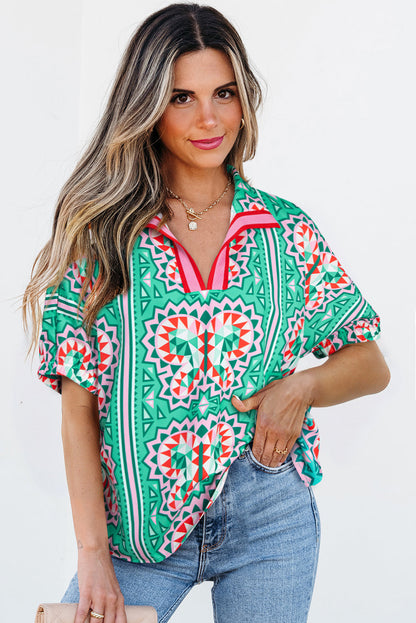 Kamiyah Boho Abstract Striped Collared V Neck Blouse - Farnelli