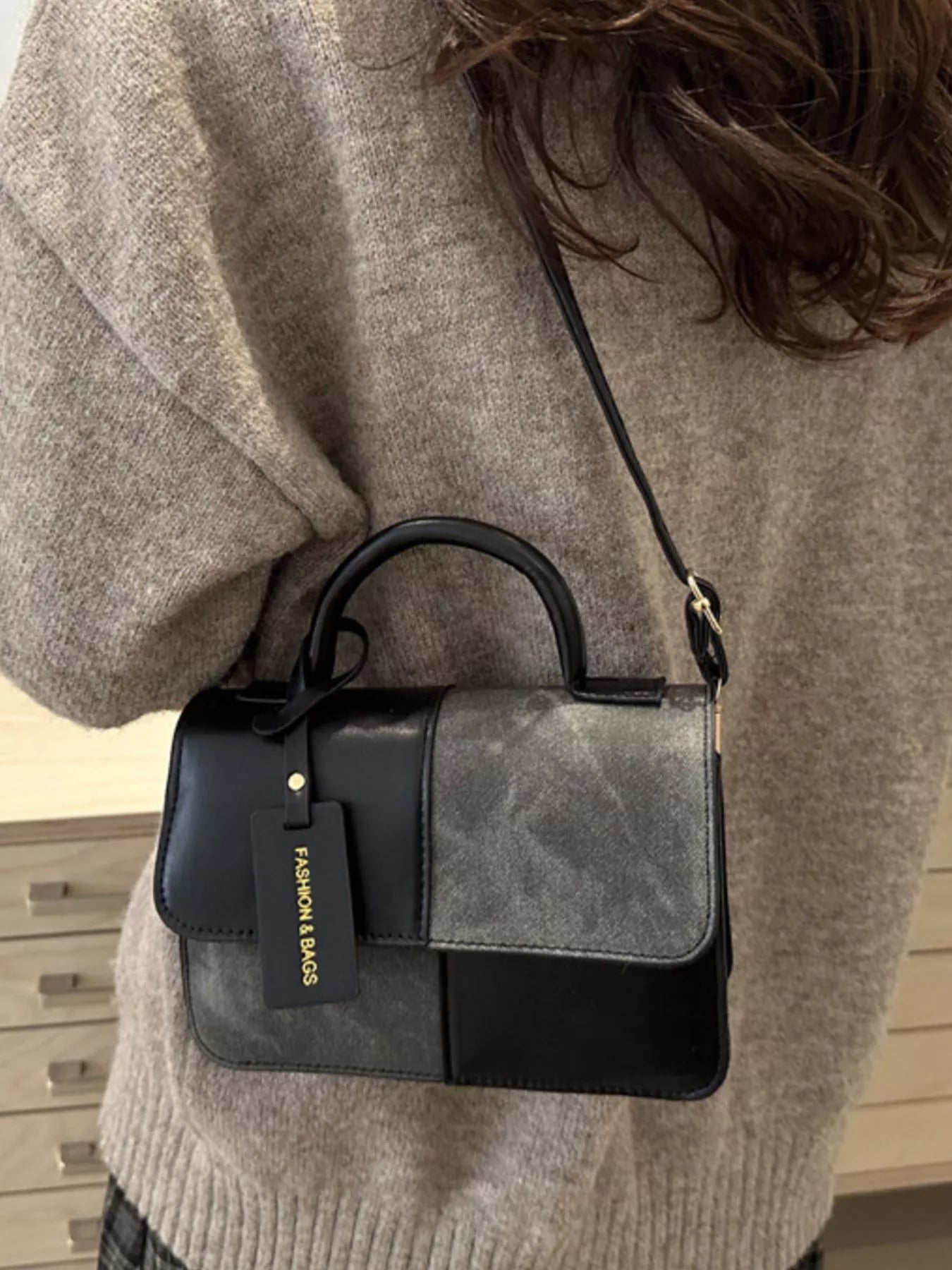 Color Block Flap Crossbody Bag with Top Handle - Farnelli