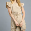 Umgee Luxe knit Ruffle Sleeve Drawstring Mini Dress - LATTE