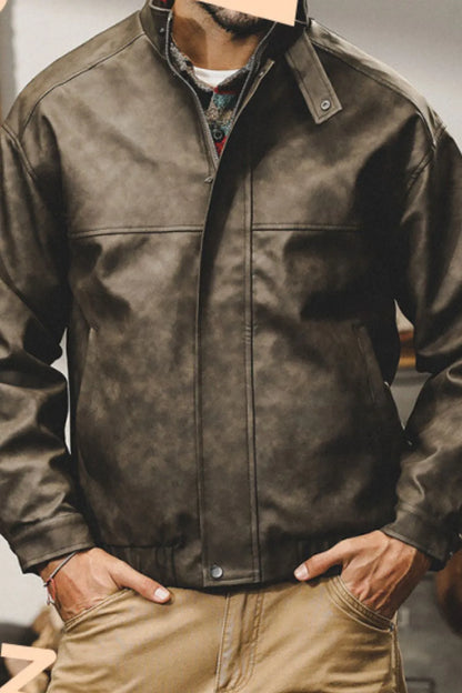 Men's Plus Size Zip Up Stand Collar Biker Jacket - Farnelli