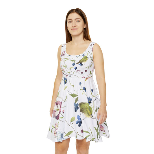Floral Birds AOP Skater Dress, Spring Dress, Summer Outfit, Casual Dress, Gift for Her, Everyday Wear