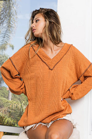 BiBi Textured Exposed Seam Drop Shoulder Knit Top - Farnelli