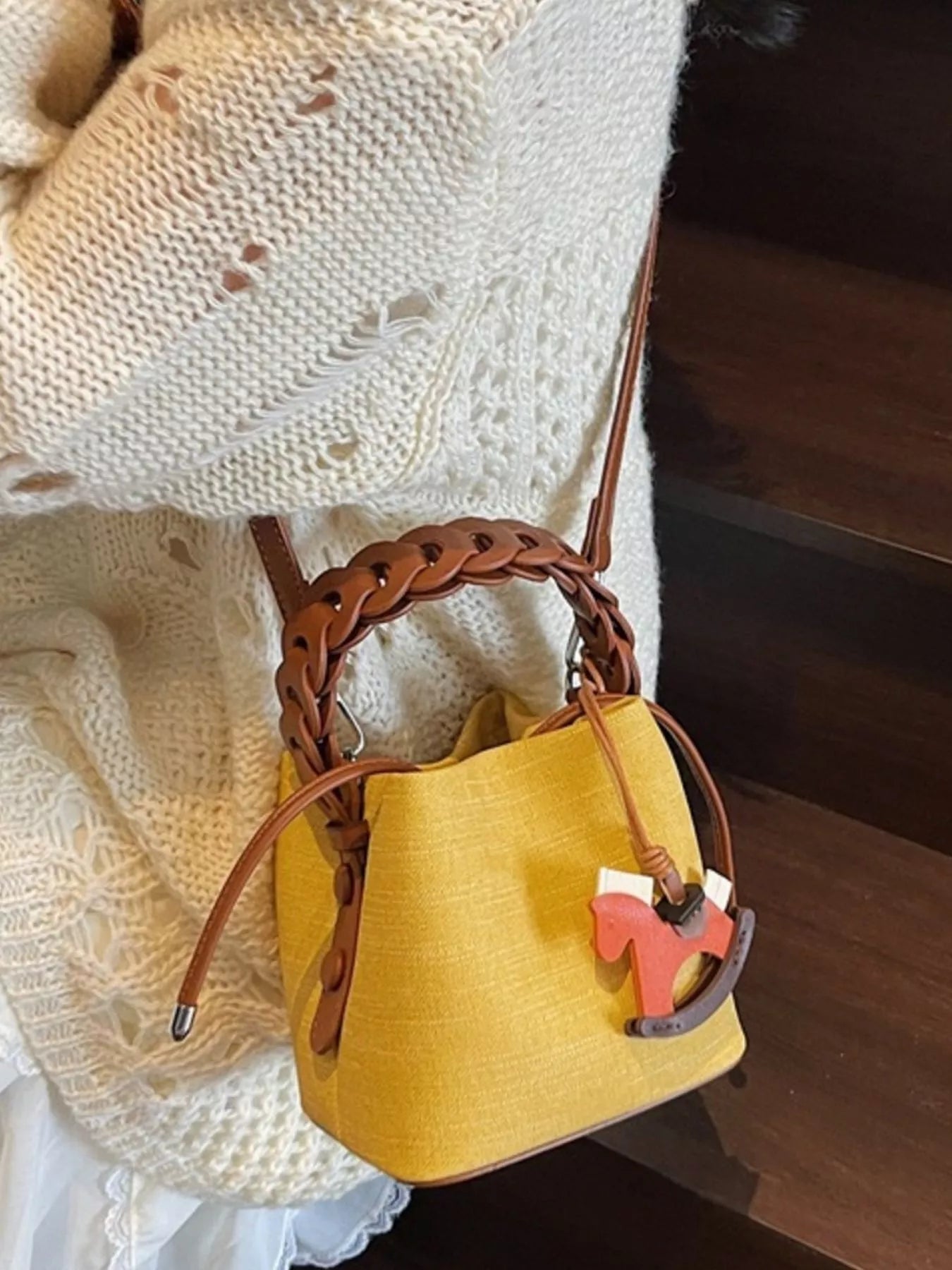 Braided Top Handle Bucket Crossbody Bag - Farnelli