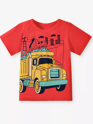 Children's Construction Vehicle Graphic Short Sleeve T-Shirt - Farnelli