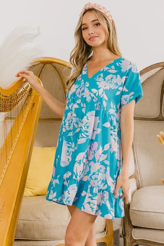 BiBi Floral Crinkle Shirred Ruffle Detail V Neck Dress - Farnelli