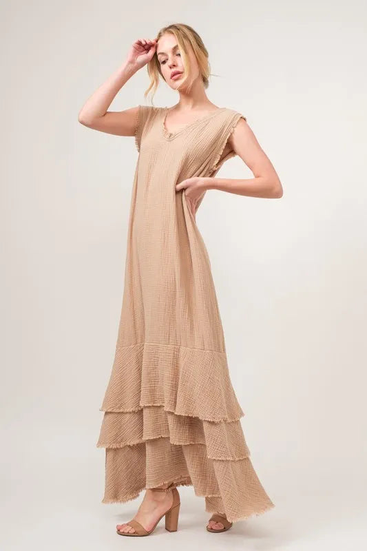 And The Why Washed Cotton Gauze Fringe Detail Tiered Dress - Farnelli