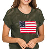 Zenana Viscose American Flag Openwork Knit Top - DK OLIVE