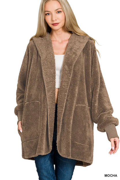 Zenana Hooded Faux Fur Jacket with Pockets - Farnelli