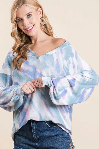 BiBi Tie Dye French Terry Top with Balloon Sleeves - Farnelli