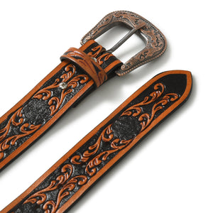Western cowboy leather belt in black and brown with detailed stitching, designed for classic Western style and durability.