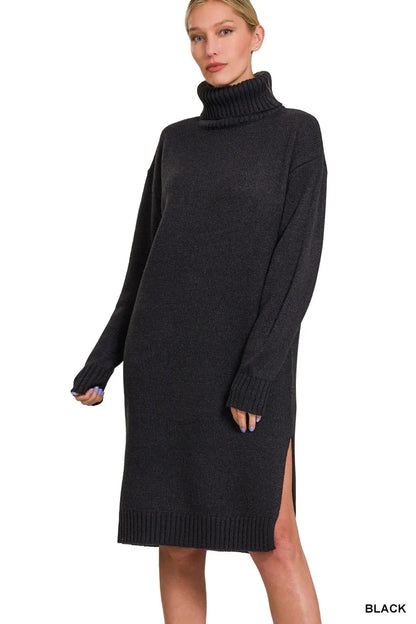 Zenana Turtle Neck Long Sleeve Midi Sweater Dress - Farnelli