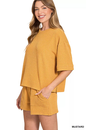 Zenana Raised Rib Short Sleeve Tee and Drawstring Shorts Set - Farnelli