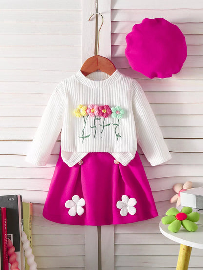 Children's Floral Applique Ribbed Knit Top & Pleated Skirt Set with Hat - Farnelli