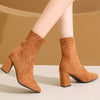 Point Toe Block Heels Boots - Ochre