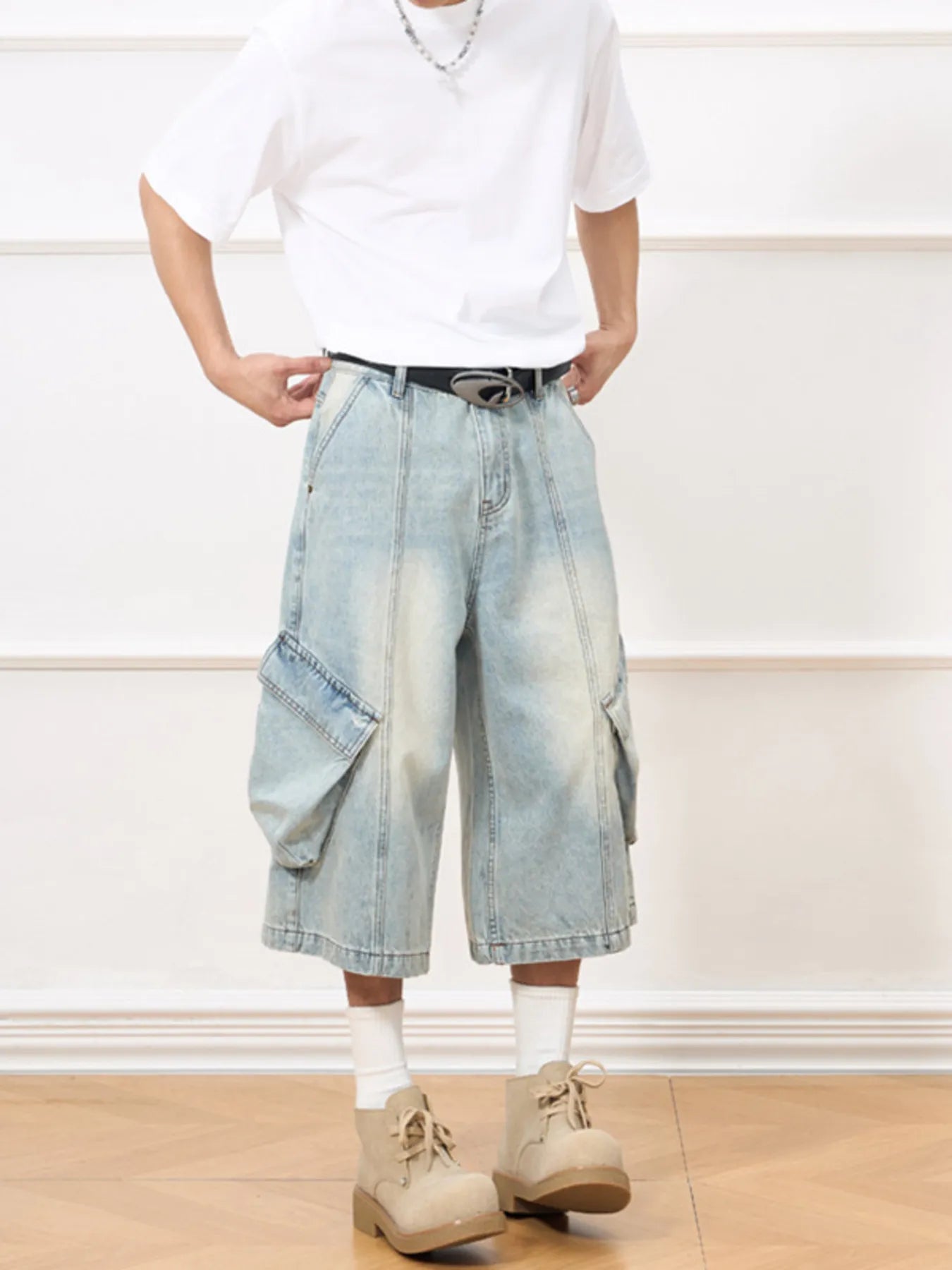 Men's Vintage Wash Wide-Leg Capris Jeans - Farnelli