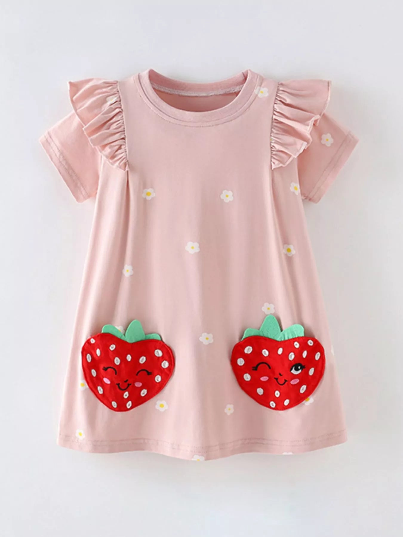 Children's Strawberry Applique Ruffle Sleeve Dress - Farnelli