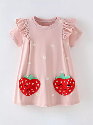Children's Strawberry Applique Ruffle Sleeve Dress - Farnelli