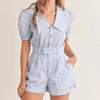 MABLE Striped Puff Sleeve Collared Neck Romper - Lt Blue