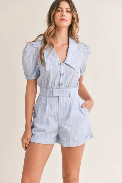 MABLE Striped Puff Sleeve Collared Neck Romper - Farnelli