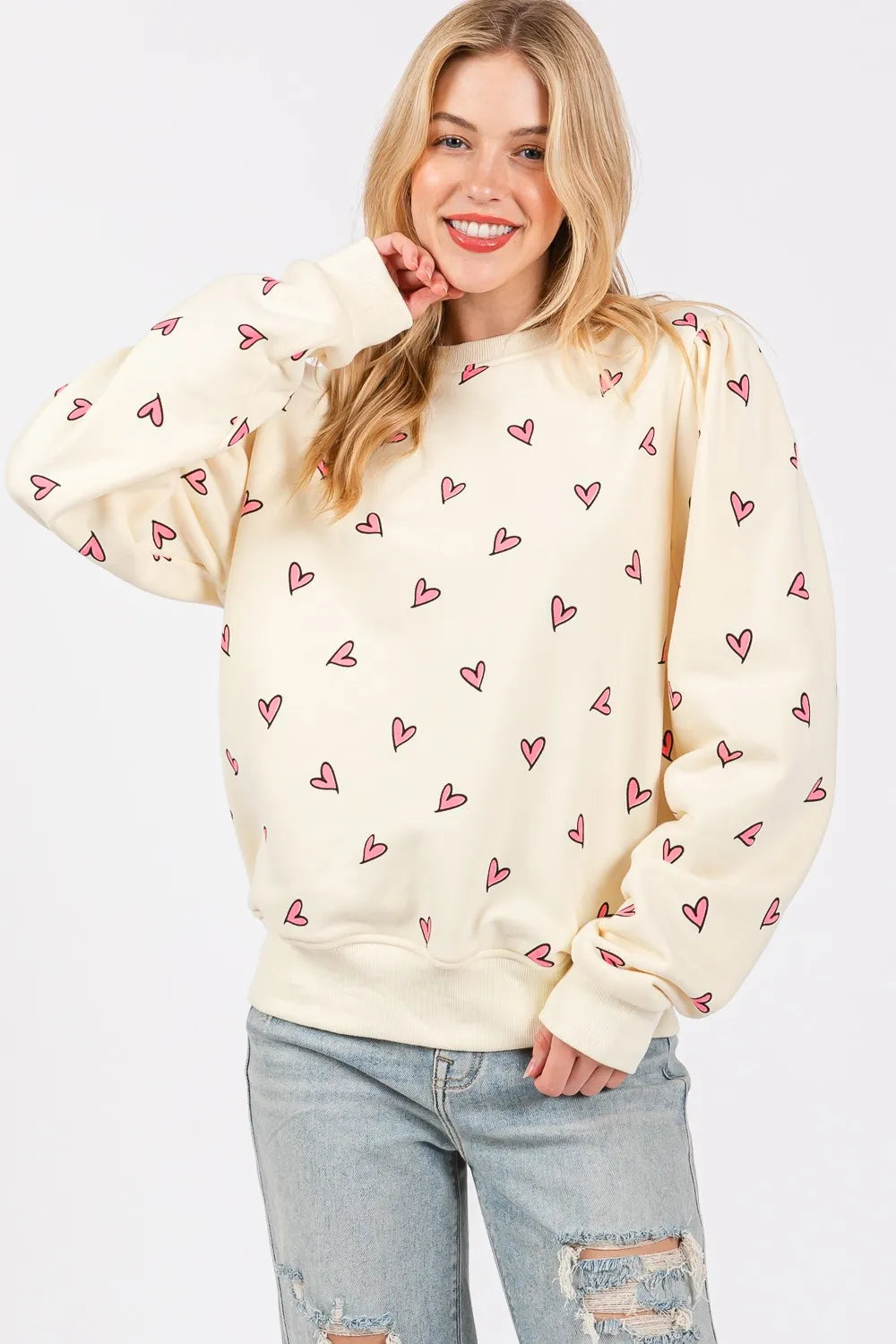 SAGE + FIG Heart Printed Contrast Long Sleeve Sweatshirt - Farnelli
