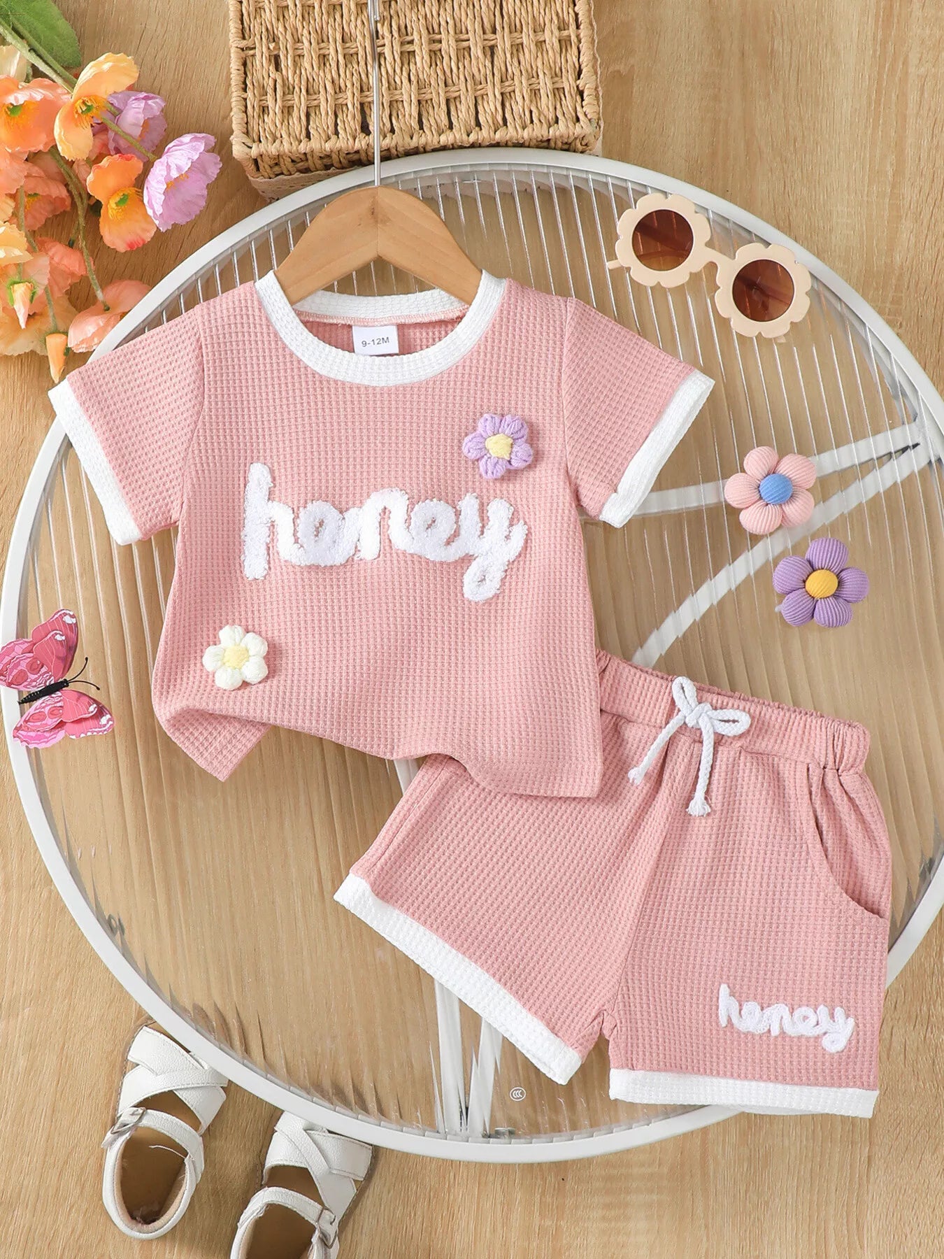 Children's Honey Flower Waffle Knit Tee and Shorts Set - Farnelli