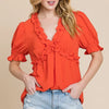 Lime 'N' Chili Solid Ruffled Deep V-Neck Puff Sleeve Babydoll Top - ORANGE