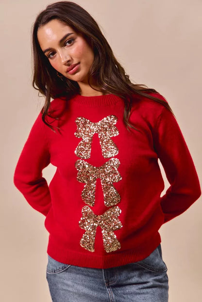 SO ME Sequins Bow Ribbon Embellished Christmas Sweater - Farnelli