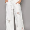 POL Distressed Drawstring Slit Wide leg Pants - White