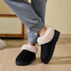 Faux Fur Round Toe Platform Slippers - Black
