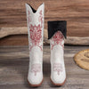 Embroidered Block Heels Boots - White