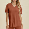 Basic Bae Full Size Ribbed V-Neck Short Sleeve Top and Shorts Set - Caramel