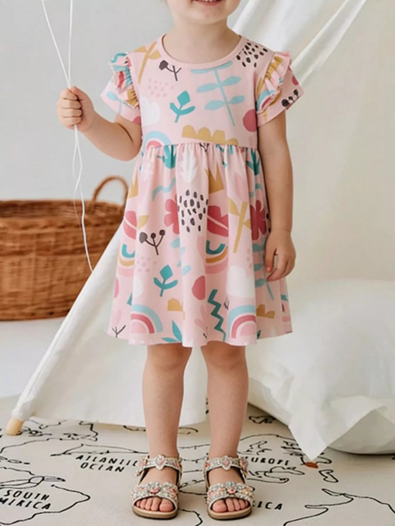 Children's Printed Ruffle Short Sleeve Casual Dress - Farnelli