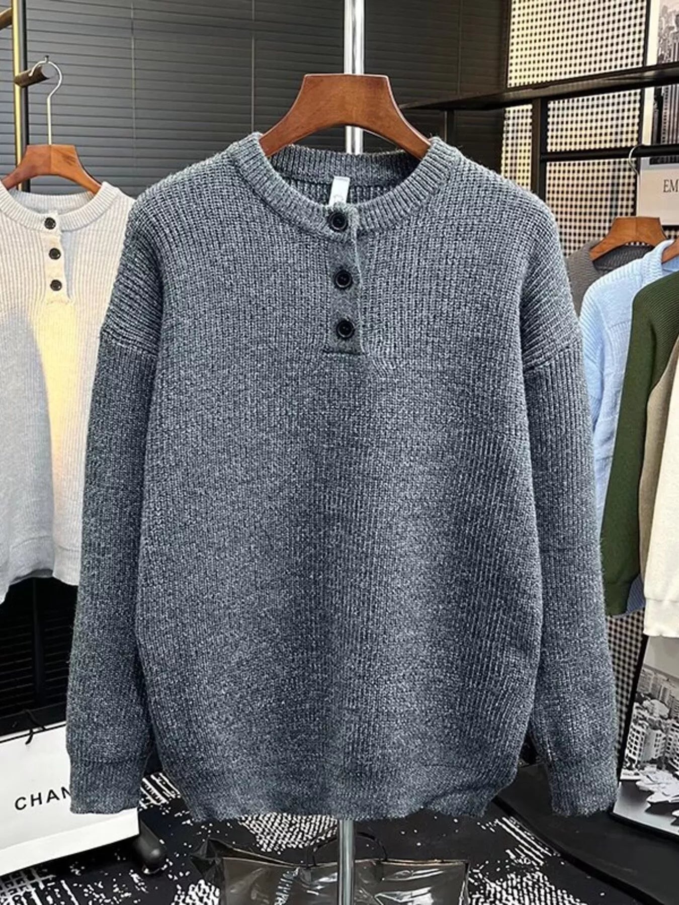 Men's Plus Size Button Detail Dropped Shoulder Sweater - Farnelli
