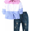 Children's Color Block Shirt & Ripped Jeans Set - Pink