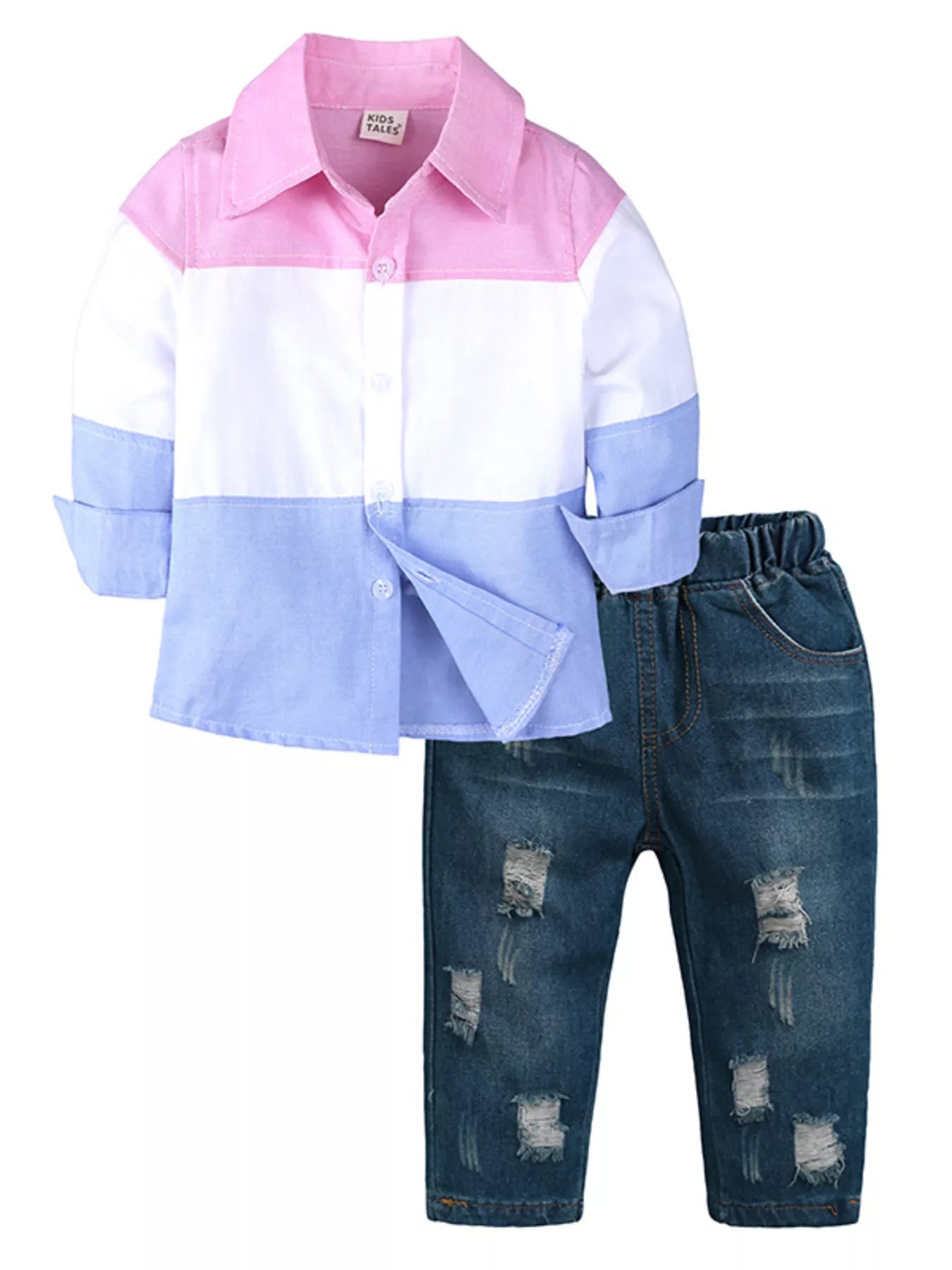Children's Color Block Shirt & Ripped Jeans Set - Farnelli