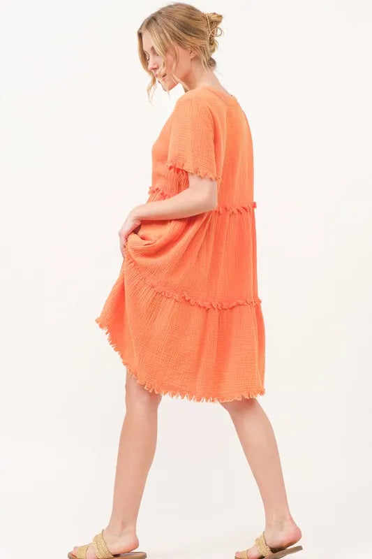 And The Why Washed Frayed Detail Tiered Dress - Farnelli