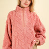 VERY J Fuzzy Fleece Half Zip Cable Pattern Sweatshirt - Blush