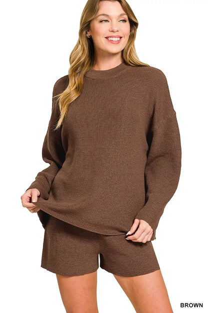 Zenana Round Neck Knit Top and Shorts Sweater Set - Farnelli