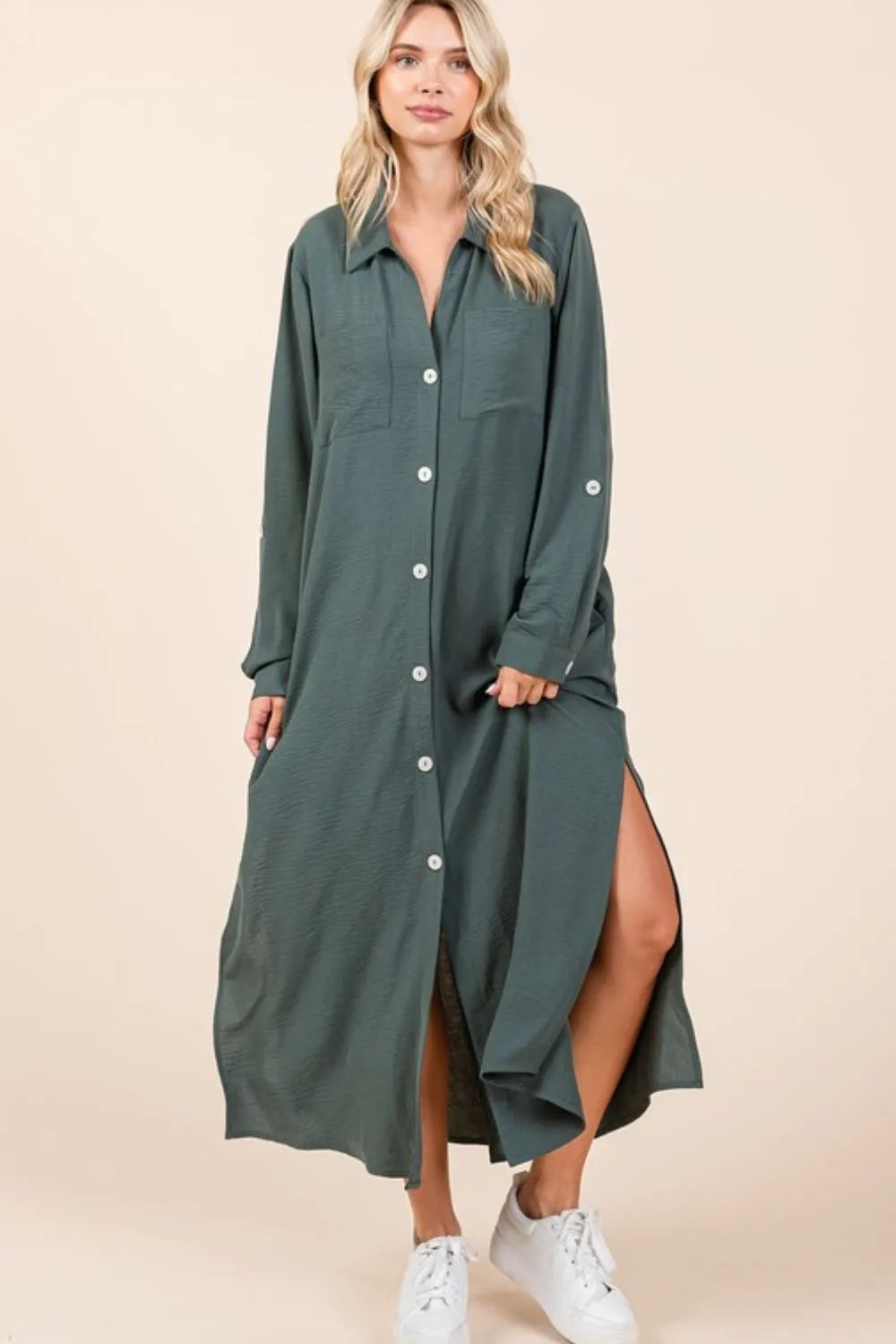 Mittoshop Airflow V-Neck Long Sleeve Button Down Maxi Dress - Farnelli