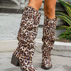 Leopard Point Toe Block Heels Boots - Leopard