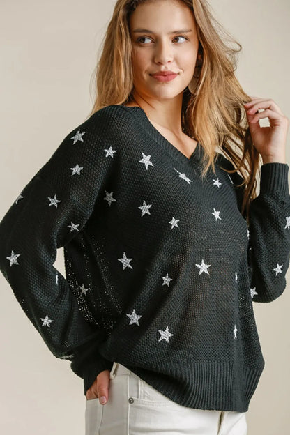 Umgee Full Size Star V-Neck Long Sleeve Sweater Plus Size - Farnelli