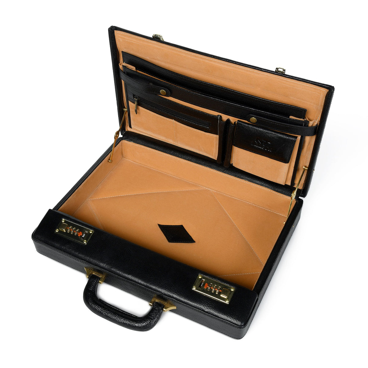 Black office suitcase briefcase by Classy Leather Bags featuring sturdy handles, metal clasps, and sleek professional design.