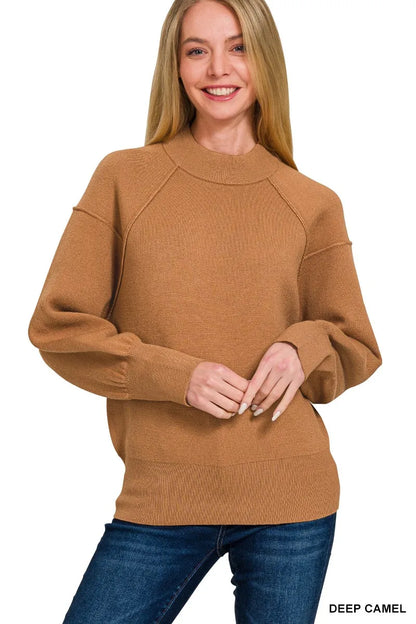 Zenana Viscose Mock Neck Exposed Seam Sweater - Farnelli